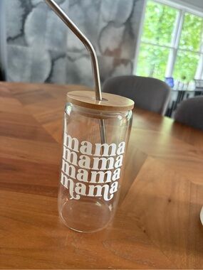 Glass Mama Tumbler with Bamboo Lid and Stainless Straw - Clear/White